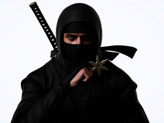 Ninja holding a shuriken in his hand . Traditional ninja style. 3D illustration. © pictosmith