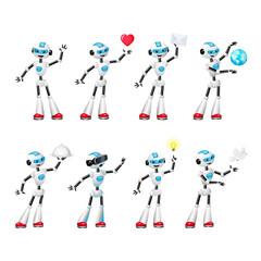 Set of cute cartoon robot in various poses. Vector illustration isolated on white background