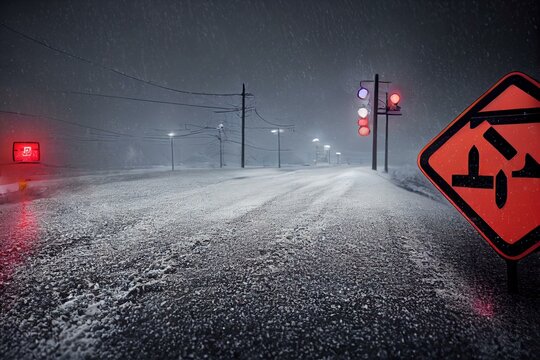 warning sign because of the black ice on the snowy road. Generative AI