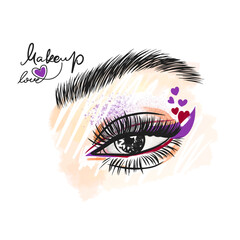 Fashionable makeup and long eyelashes in purple and red colors, love for makeup