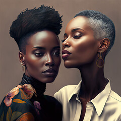 Black Lesbian couple portrait, women, young females, generative ai