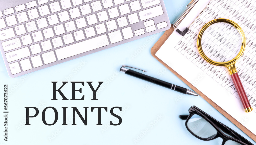 Poster key points text on blue background with keyboard and clipboard, business concept