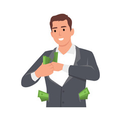 Young wealthy businessman with money in all pockets show success. Smiling male employee with banknotes. Flat vector illustration isolated on white background