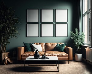 Mock-Up interior design in green colors with brown leather sofa with a place for painting generative ai