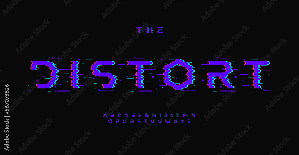 Poster glitch effect alphabet, digital distorted letters, display error font for futuristic logo, cinematic