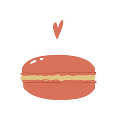 Pink macaron cookies with heart, vector illustration on white background for sticker, print, poster