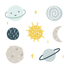Space set with sun, moon, planets, crescent, child vector illustration for sticker, print, poster, postcard