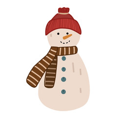 Snowman in a red scarf and a hat, christmas vector illustration for sticker, print, poster, postcard