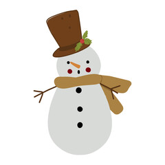 Snowman in a scarf and top hat, christmas vector illustration on white background for sticker, print, poster, postcard