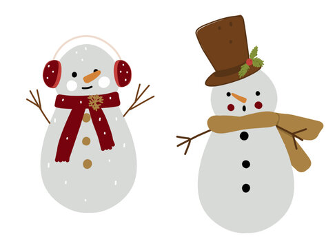 Christmas set snowman in a scarf and top hat, headphones, vector illustration on white background for sticker, print, poster, postcard