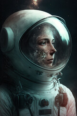Fototapeta na wymiar fantastic portrait of a female astronaut in a helmet and spacesuit. Generative AI