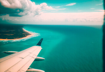 Vista aérea desde ventana de avión de una playa paradisiaca, generative ai.