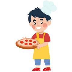 Illustration of little kid chef cooking pizza