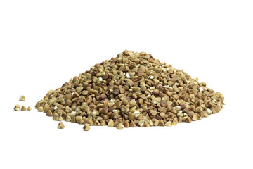 Heap of dry buckwheat groats isolated on white background.