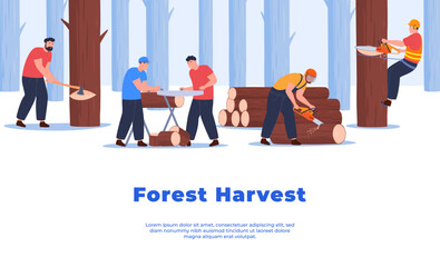 Logging woodworking banner. Men are sawing and harvesting wood. Production of boards. Vector illustration