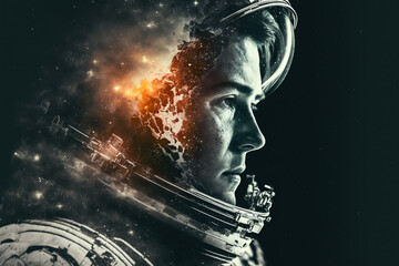 fantastic portrait of a male astronaut in a modern helmet and spacesuit. Generative AI