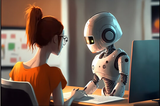 Artificial Intelligence use case in Education with College student being assisted by a chat bot for learning and homework. Personal tuition by AI illustration. Generative AI