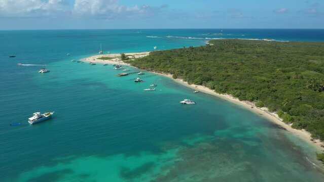 Aerial Drone view over Cayo Icacos in Puerto Rico. A caribbean tropical island with boats, beach and trees