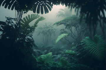 Tropical forest wallpaper design, foggy trees and leaves illustrating rainforest, Generative AI