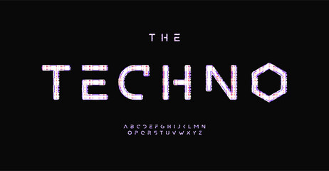 Glitch techno alphabet, digital distorted letters, display error font for futuristic logo, cinematic style headline, loss connect graphic effect typography. Vector typographic design.