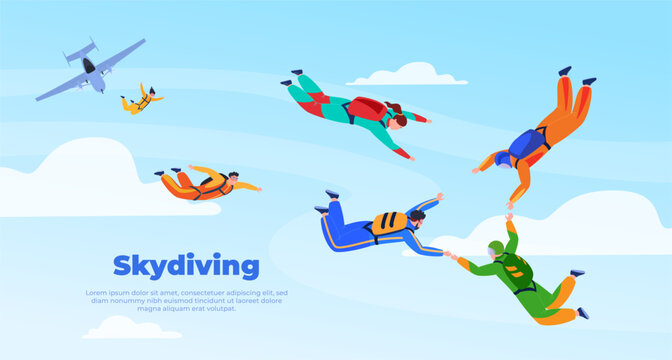 Skydiver. People jump with a parachute from an airplane. Extreme sport. Vector illustration