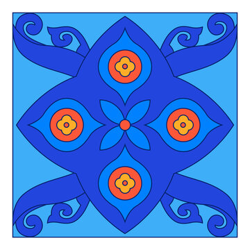 Georgian Traditional  Symbols and Ornaments In Blue  Decorative Art Print