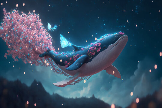 Valentines background of Blue whale swimming in ocean with lovely heart shape flying in the air with Generative AI.