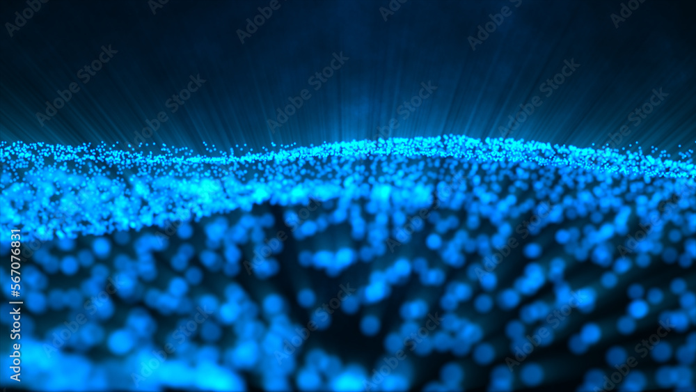 Poster Bokeh dark blue particle abstract background. Particle with depth of field and bokeh in cyber digital technology concept. selective focus and copy space.