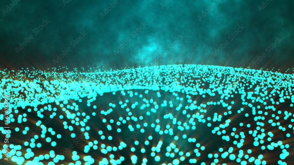 Poster Sky blue bokeh particle abstract background. Particle with depth of field and bokeh in cyber digital technology concept.