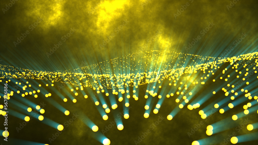 Poster yellow glowing particles flying in whirlwind. red bokeh particle isolated on red background.