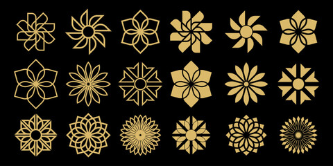 Beautiful florals icons set elements for wedding card, decoration flowers icons, summer flowers icons set. Different style design flowers elements with black gold color. 