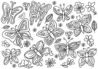 Set with hand drawn butterflies isolated on white background. Flowers and insects spring collection. Vector illustration