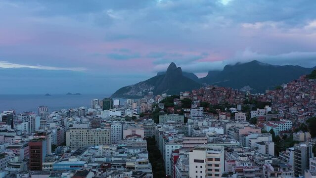 Cantagalo and Pavao-Pavaozinho Favelas. Rio de Janeiro, Brazil. Aerial View. Drone Flies Sideways