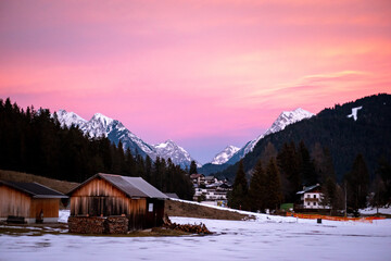 Fantastic winter landscape during sunset. colorful sky glowing by sunlight. Seefeld, Tirol Austria