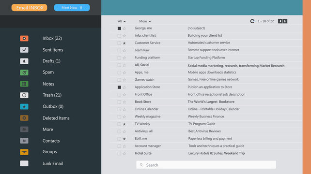 Email interface. Client mail list. Web design template. Online message communication