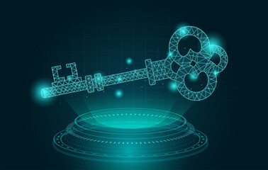 Holography creates a Key with a low poly theme. Technology Illustration about data, keywords, code, password, and key to success.