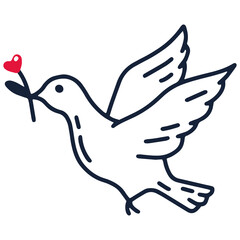 A simple linear illustration of a pigeon with a twig and a heart, a dove.