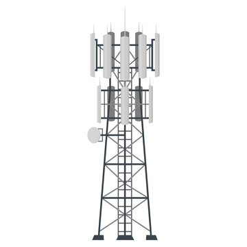 Flat vector illustration of fifth generation mast base stations on white background, 5G mobile data towers, telecommunication antennas and signal, cellular equipment.