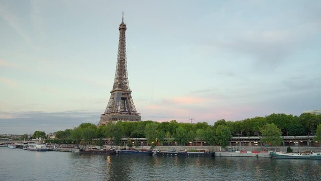 Boat pier on the Seine River near the Eiffel Tower. Paris