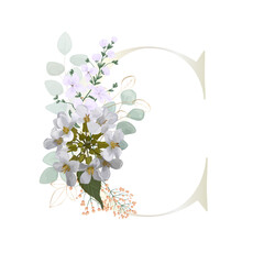Floral Alphabet. Letter with white botanic springs flowers, branch bouquet composition. Wedding invitations, birthdays. Vector illustration.