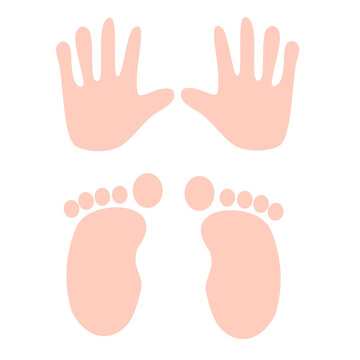 Prints of human hand and foot on white background.Handprint and footprint.Body feet.Silhouette.Sign, symbol, icon or logo isolated.Flat design.Cartoon vector illustration.Graphic pictograpm.