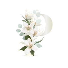 Floral Alphabet. Letter with white botanic springs flowers, branch bouquet composition. Wedding invitations, birthdays. Vector illustration.
