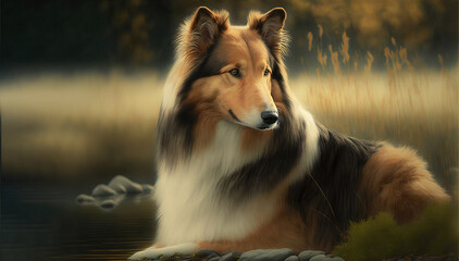 Beautiful collie pet dog with a stunning show coat of hair, laying in an open countryside field near water in golden light. Image created with generative ai