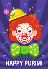 Purim poster with funny clown and invitation text, greeting card, invitation, banner, party announcement for jewish Purim holiday with funny clown carnival mask.