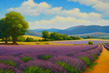 landscape in the mountains with lavender meadow