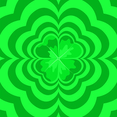 Abstract background with repeating silhouette green shamrock clover. St Patrick day symbol, leprechaun leaf sign, celebration irish holiday. Trendy y2k retro hippie print. Hypnotic pattern. Vector
