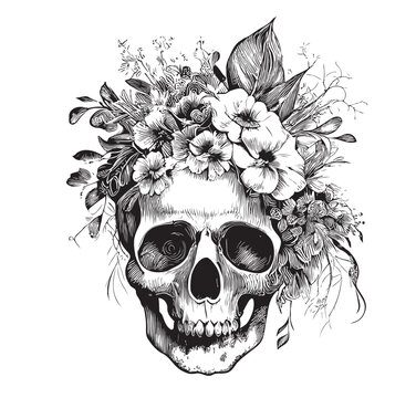 Human skull with flowers instead of hair hand drawn sketch Vector illustration