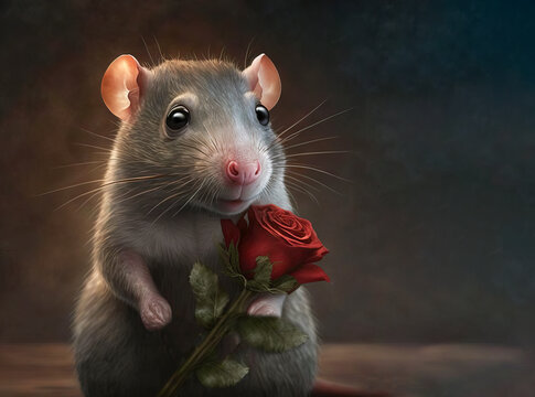 Fabulous cute rat with beady eyes holding a red rose for someone special, Valentines day, birthday, holiday special occasion.  Image created with generative ai