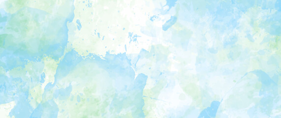 Blue and green watercolor background for cover design, poster, cover, banner, flyer, cards. Summer watercolour illustration for design. Hand-drawn painted template. Watercolor splashes texture.