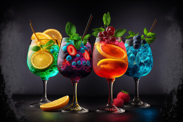 Cocktail glasses in colorful with a black background.Generative AI - obrazy, fototapety, plakaty
